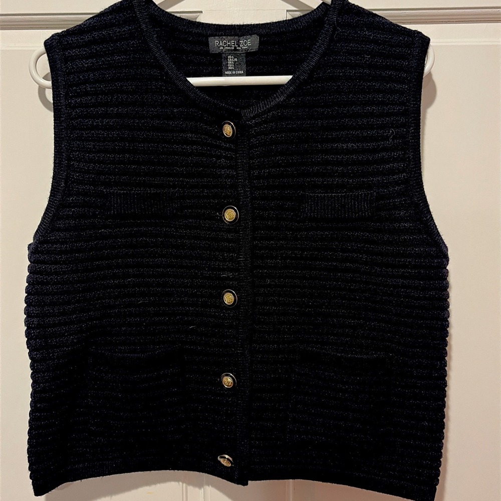 Rachel Zoe Vest Top Women Large Black Rib Knit Button Sleeveless